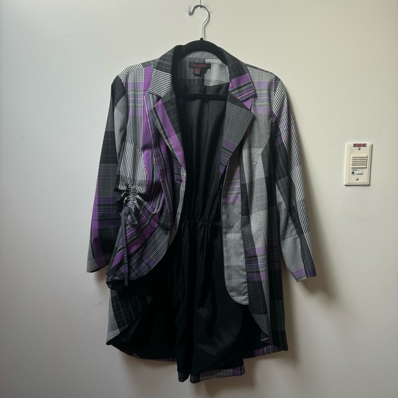 Simon Chang Purple Tartan Asymmetrical Blazer with Ties - Picture 2 of 5